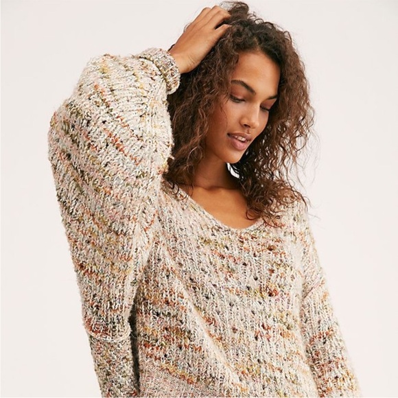 Free People Sweaters - Free People Oversized Slouchy Summer Multicolor Knit V-Neck Sweater XL Beachy